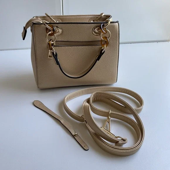 Women's Tan Crossbody Hand Satchel Chained Handle Faux‎ Leather Purse Bag Gold - Picture 7 of 8